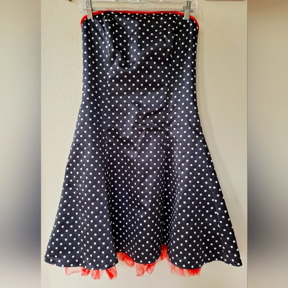 Jessica McClintock Gunne Sax Black Strapless Polkadot Mini Dress Junior Size 9